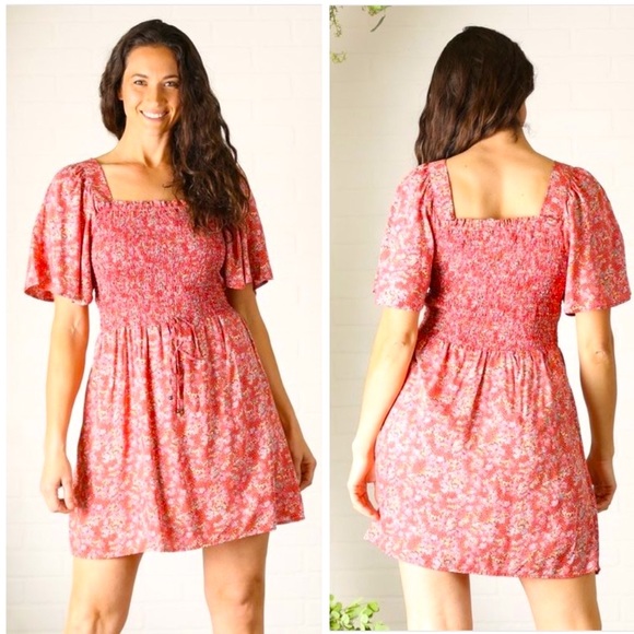 Red Flutter Sleeve Smocked Floral Boho Sundress - Picture 2 of 3